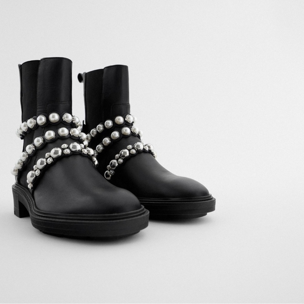 Zara Black Pearl Studded Moto Boots - Picture 4 of 14